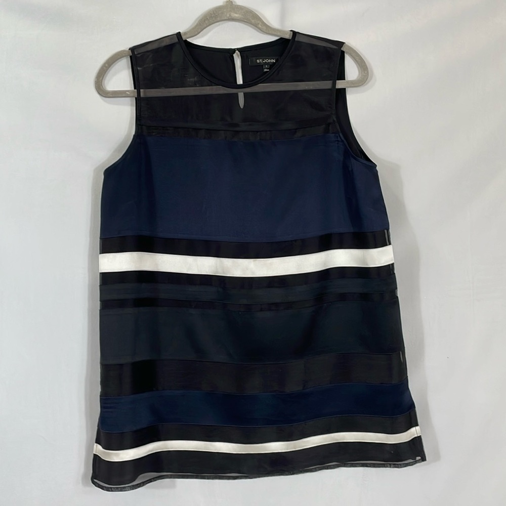 St. John Silk Top Blouse Size S Navy Black White Stripe Tank Contemporary